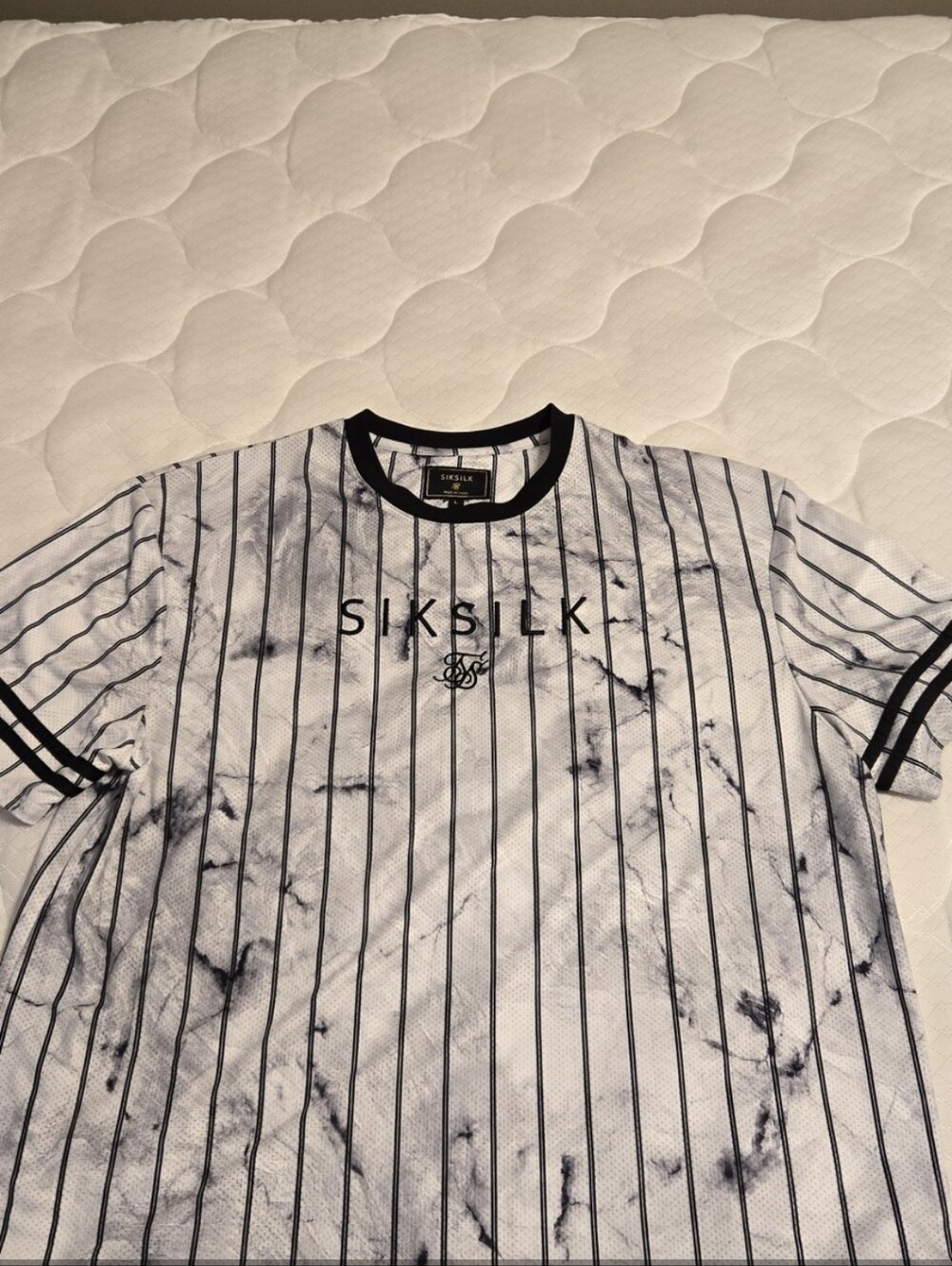 SikSilk White Marble Pinstripe Crew Neck Shirt